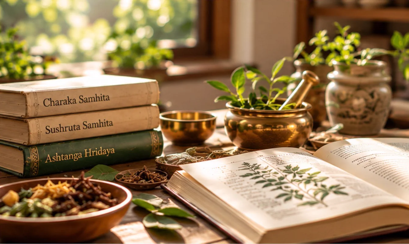 Classical Ayurveda texts &mdash; Charaka Samhita, Sushruta Samhita and Ashtanga Hridaya &mdash; with herbs