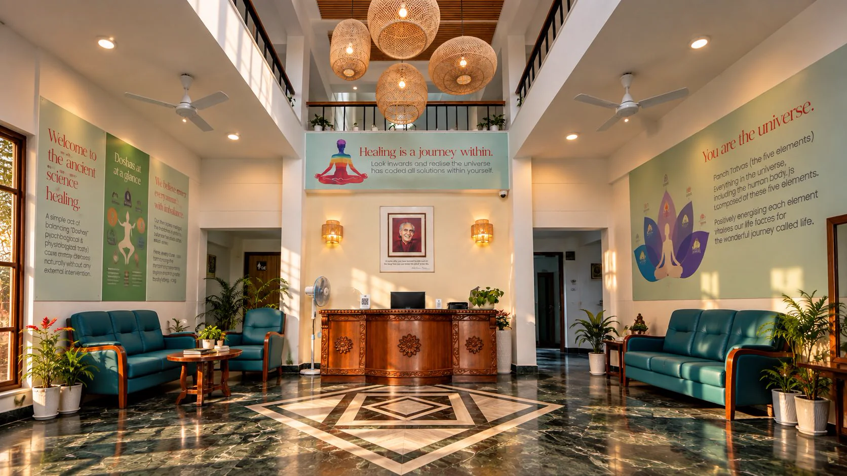 Reception hall of the Ayurveda Centre with a carved wooden desk and Ayurveda wall panels