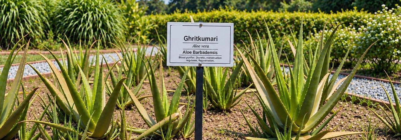 A bed of Ghritkumari (Aloe vera) with its identification signboard in the Herbal Garden
