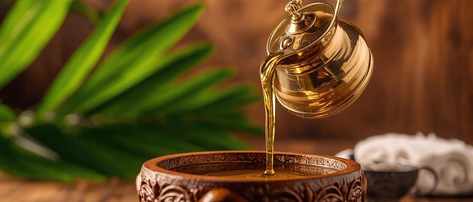 Warm herbal oil flowing from a brass Shirodhara pot during an Ayurveda therapy