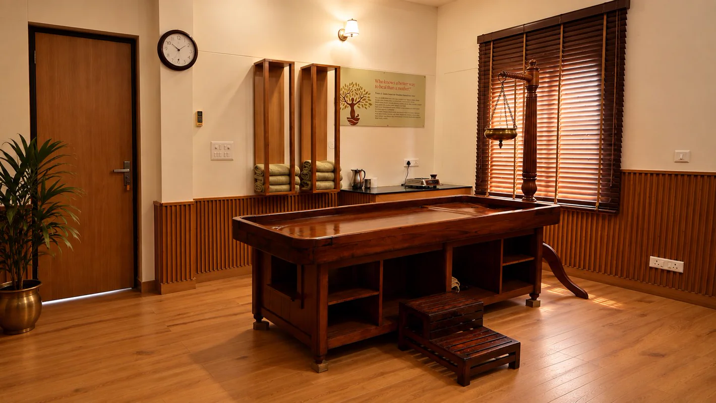 Warm herbal oil being poured during an Ayurveda therapy