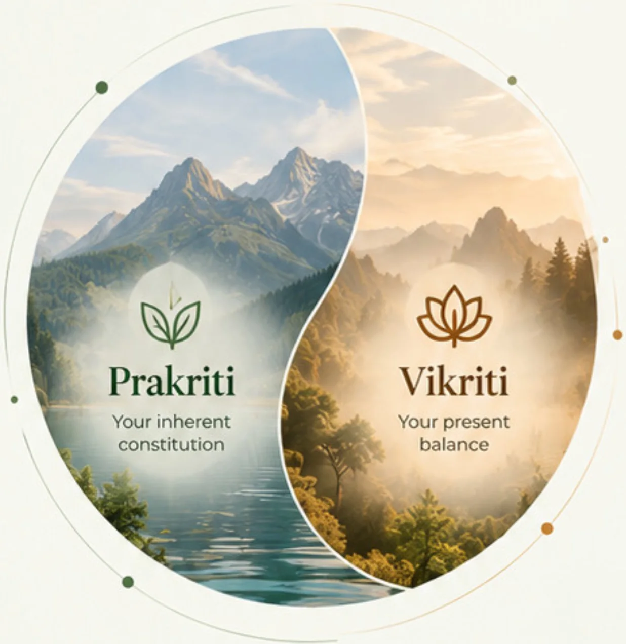 Prakriti, your inherent constitution, and Vikriti, your present balance, shown as two halves of one circle