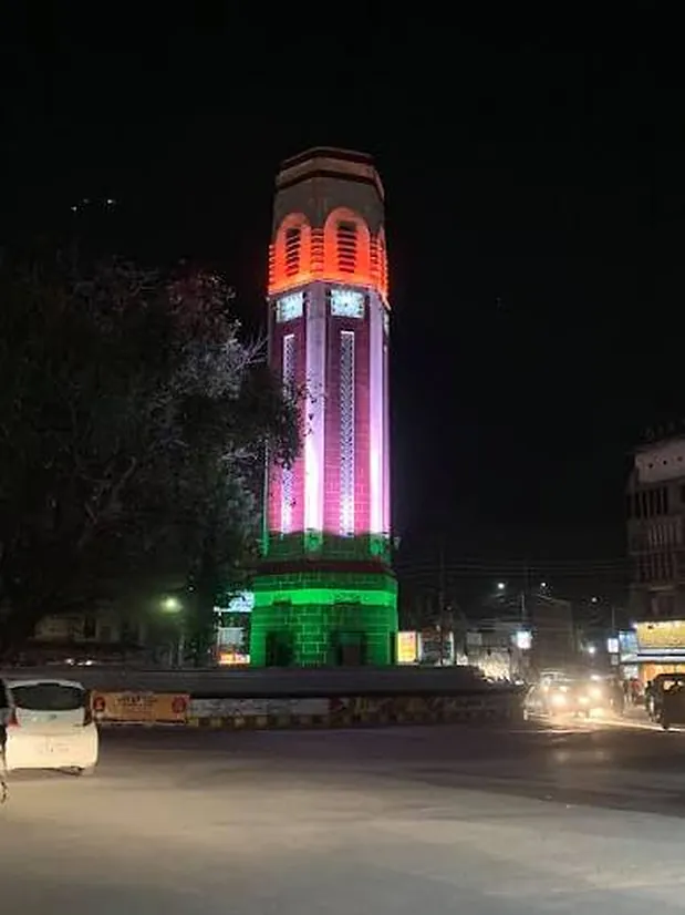 The Clock Tower lit at night